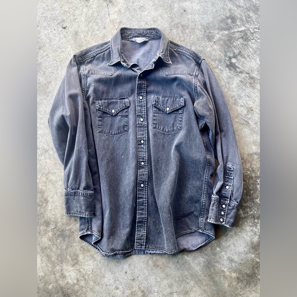 Vintage 90s Carhartt Western Pearl Snap Washed Black Denim Thrashed Distressed